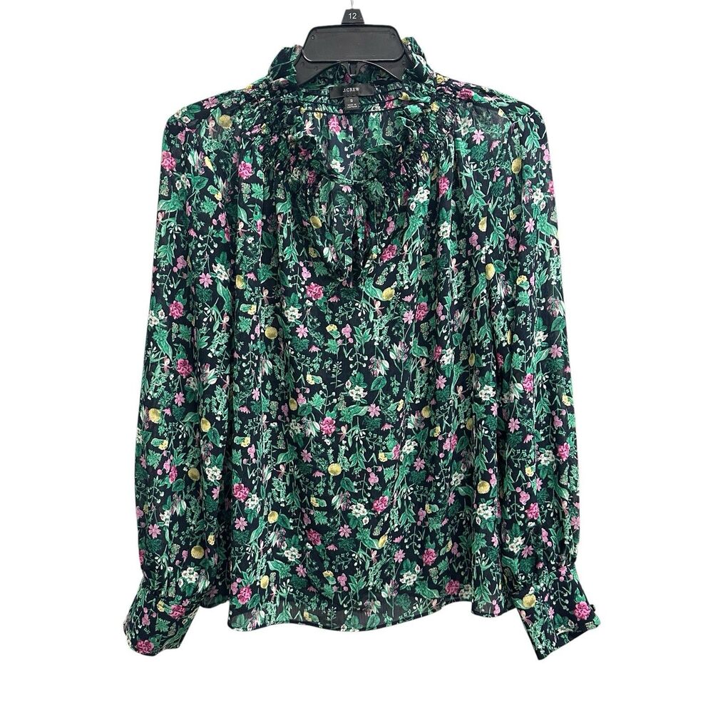 J. Crew Womens Long Sleeve Drapey Tie-Neck Ruffle Blouse Winter Garden Floral SM